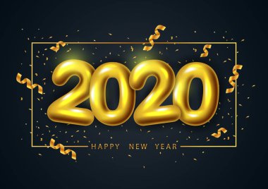 Yeni yılınız kutlu olsun, 2020 numaralı gerçekçi altın numaralı tebrik kartı ve poster tasarımı. Vektör illüstrasyonu