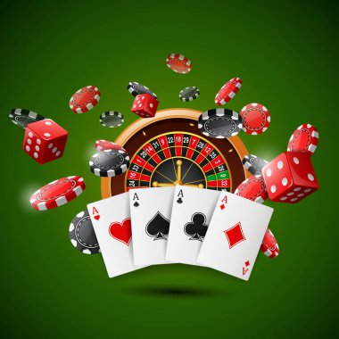 Kumarhane ruleti çipli poker, iskambil kağıtları ve kırmızı zarlar yeşil arka planda. Vektör illüstrasyonu