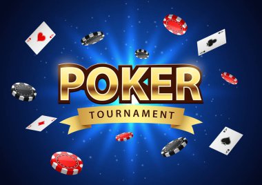 Poker turnuvası afişi, çipler ve iskambil kağıtları. Vektör illüstrasyonu