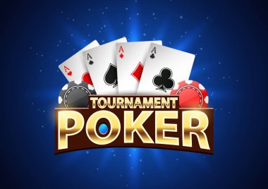 Poker turnuvası afişi, çipler ve iskambil kağıtları. Vektör illüstrasyonu