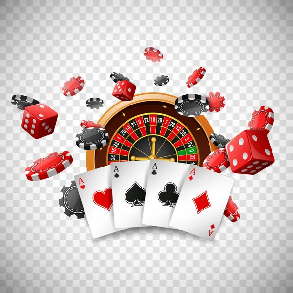 Rueda Ruleta Casino Con Fichas Póquer Cartas Juego Dados Rojos — Vector de stock