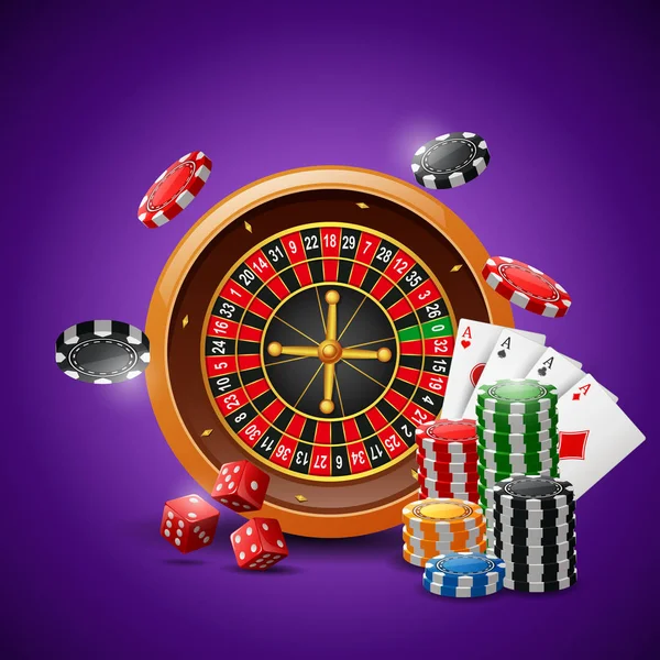 Rueda Ruleta Casino Con Fichas Póquer Cartas Juego Dados Rojos — Vector de stock