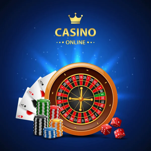 Kasino Online Bakgrund Med Roulette Hjul Marker Poker Och Spelkort — Stock vektor