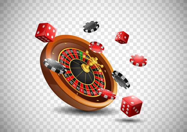Kumarhane ruleti çipli poker ve izole saydam arka planda kırmızı zarlar. Vektör illüstrasyonu 