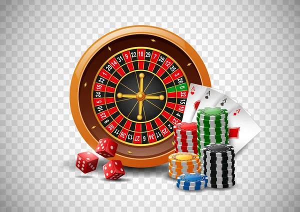 Kumarhane ruleti çipli poker, iskambil kağıtları ve izole saydam arka planda kırmızı zarlar. Vektör illüstrasyonu 