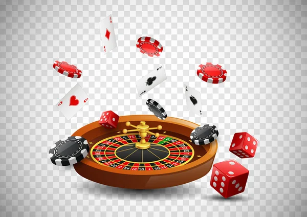 Rueda Ruleta Casino Con Fichas Póquer Cartas Juego Dados Rojos — Vector de stock