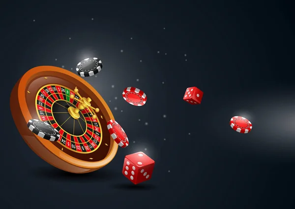 Kasino Roulette Hjul Med Marker Poker Och Röda Tärningar Vektorillustration — Stock vektor