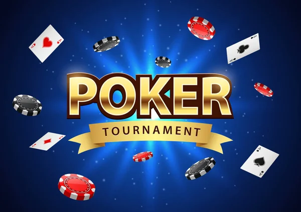 Poker turnuvası afişi, çipler ve iskambil kağıtları. Vektör illüstrasyonu