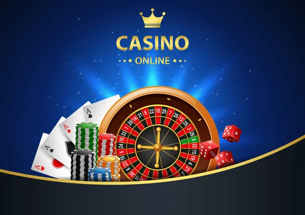 Rulet masası, poker fişleri ve iskambil kağıtları olan bir kumarhane. Vektör illüstrasyonu