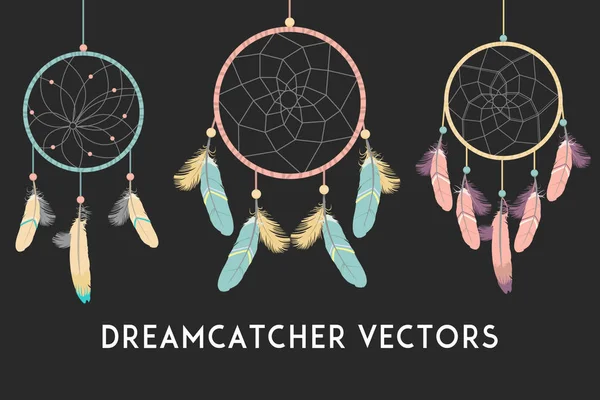 Dreamcatcher Vector Pack - This vector pack includes three pastel colored dreamcatcher designs. Each dreamcatcher has it\'s own woven pattern as well as different feather placements.