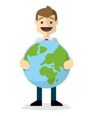 Vektör gülümseyerek, earth simgesini tutan işadamı