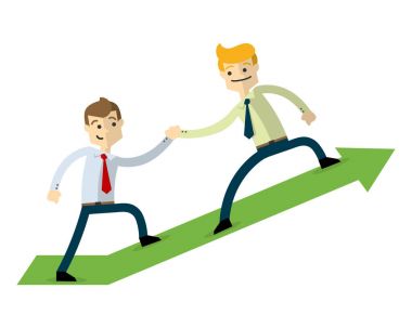 Vektör bir işadamı bir ekip çalışması yapıyor. Yeşil yukarı ok ile