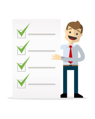 Onay işaretleri listesi ile işadamı vektör