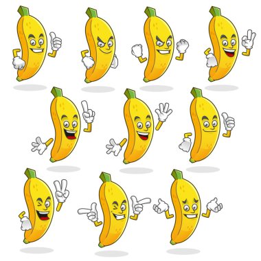 Muz maskot, vektör muz karakter kümesini. Muz logosu