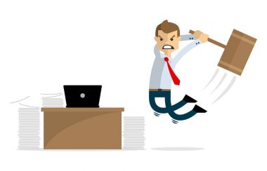 Vektör bir işadamı kızgın ve diz üstü ve onun yok 