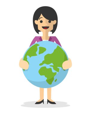 Gülümseyen, earth simgesini tutan bir işkadını vektör