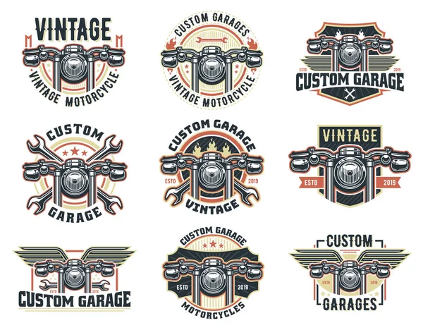 Zestaw zabytkowego szablonu logo motocykla, opakowanie wektorowe retro niestandardowe godło garażu lub odznaka. — Wektor stockowy