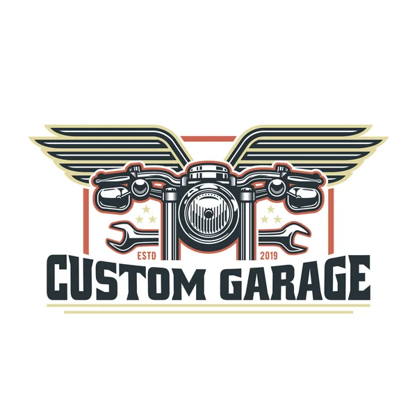 Plantilla de logotipo de motocicleta vintage, emblema de garaje personalizado retro vector o insignia . — Vector de stock