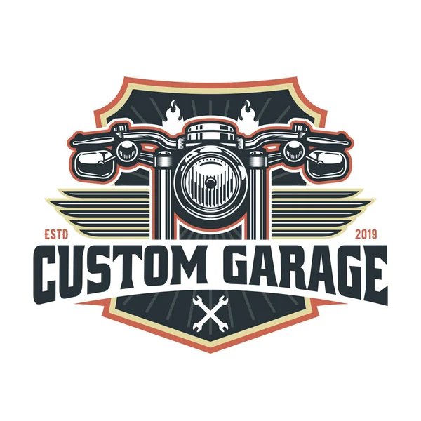 Plantilla de logotipo de motocicleta vintage, emblema de garaje personalizado retro vector o insignia . — Vector de stock