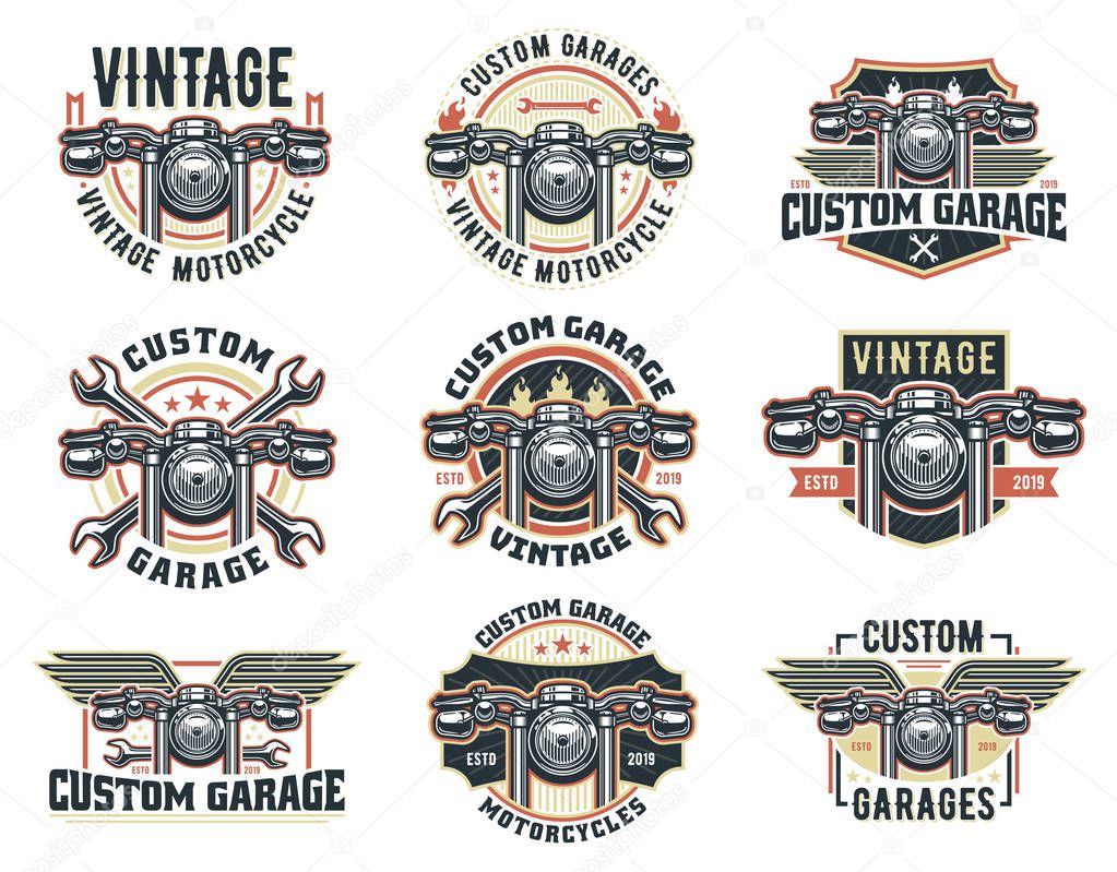 A set of Vintage motorcycle logo template, vector pack retro custom garage emblem or badge.
