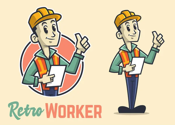 Retro personagem trabalhador construção inteligente, mascote construtor vintage, sorriso e polegar para cima Vetores De Bancos De Imagens