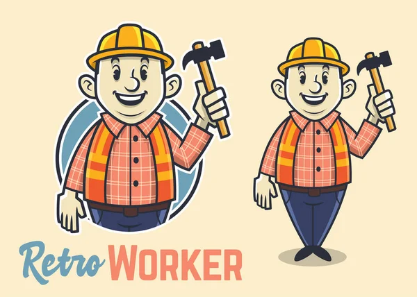 Retro gordo personagem trabalhador de construção, mascote construtor vintage, homem engraçado e adorável Ilustração De Bancos De Imagens