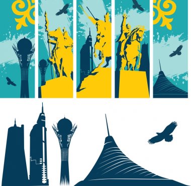 Set of isolated Astana buildings and kazakh statues banners. Vector illustration.  clipart