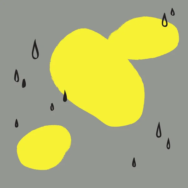 灰色背景下绘有黑色雨滴的抽象黄色斑点 — 图库矢量图片