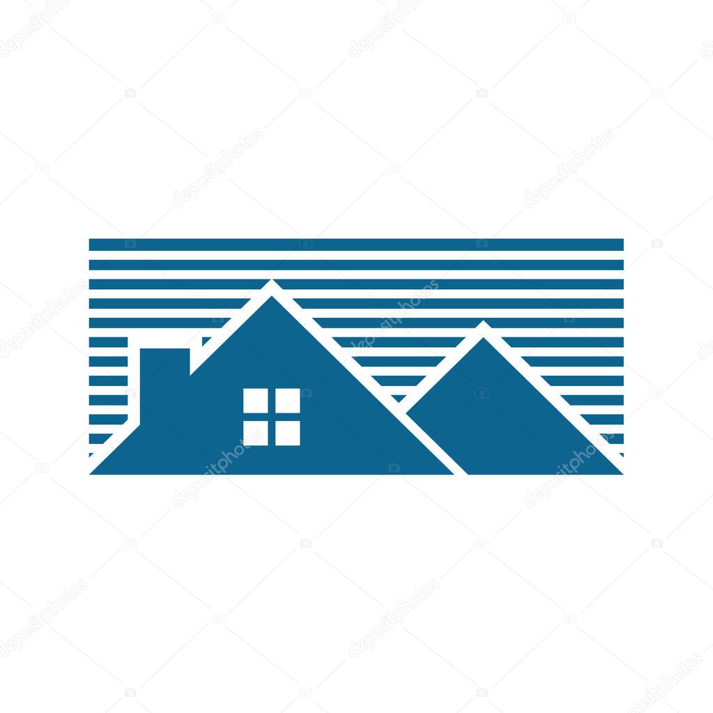 Blue Striped Sky Mountain House Vector Illustration Graphic Design