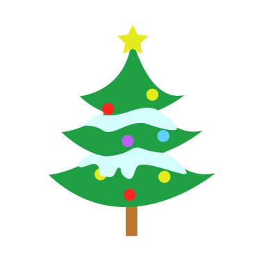 Star ve topları ile karlı Noel çam ağacı