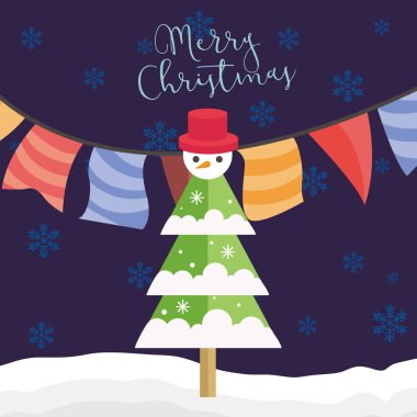 Mutlu Noeller parti Tree ile kardan adam vektör grafik illüstrasyon