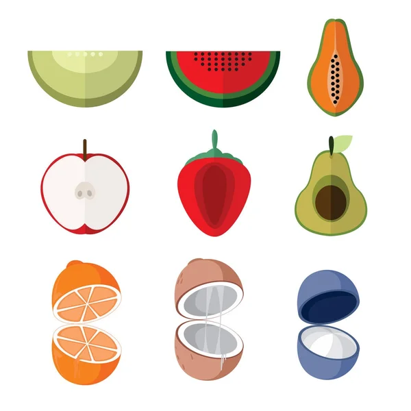 Simple plano abierto rebanada frutas vector ilustración conjunto — Vector de stock