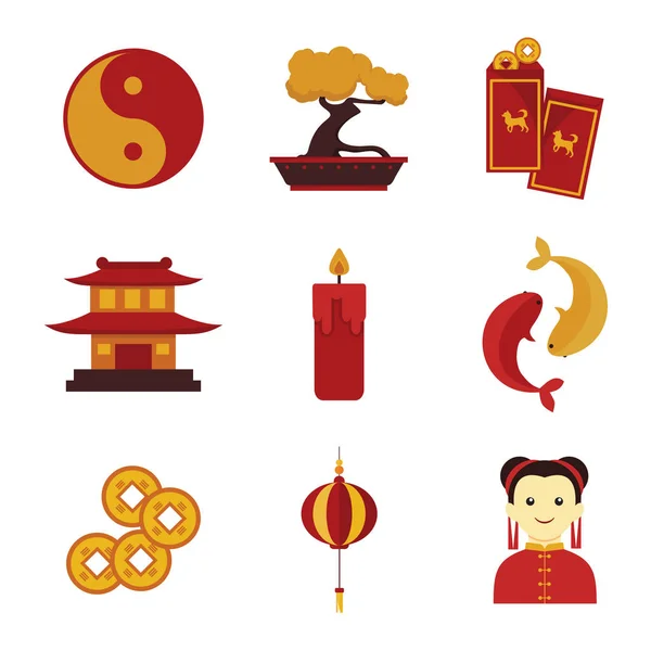 Απλά χαριτωμένο κινεζική κουλτούρα προσαρμοσμένη διανυσματικά Εικονογράφηση γραφικών Set — Διανυσματικό Αρχείο