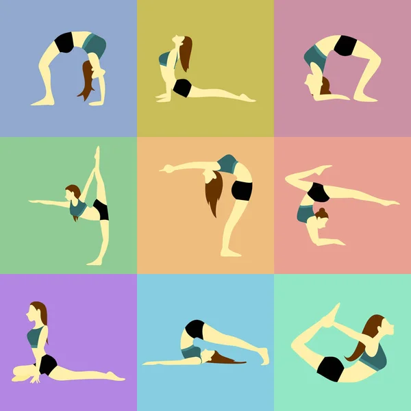 Berbagai Pose Yoga Posture Vector Illustration Set - Stok Vektor