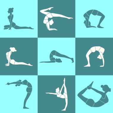 Çeşitli poz Yoga duruş vektör çizim Set siluet