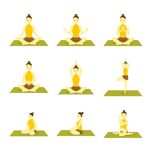 Különböző jóga meditáció póz ülő készlet illusztráció — Stock Vector