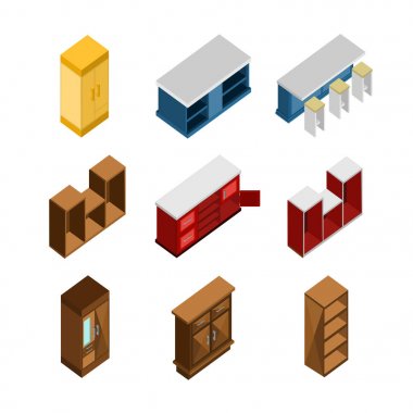 Çeşitli Modern ev mobilya izometrik mobilya illüstrasyon tasarımı ayarla