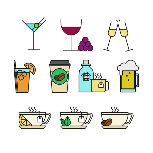 Várias bebidas Menu Cafe Related Thin Line Icon Ilustração Set —  Vetores de Stock