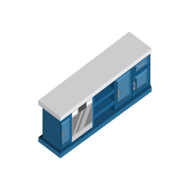 Uzun çekmece Resepsiyon 3d izometrik mobilya illüstrasyon