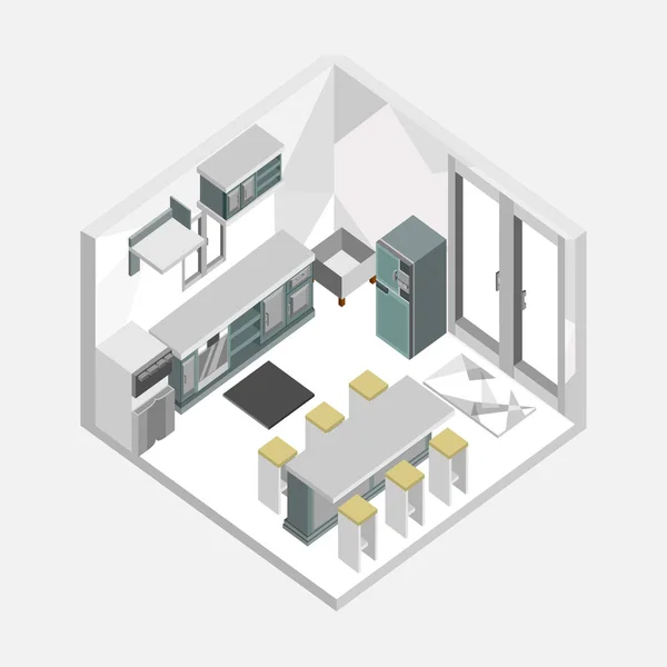 Couleur grise Cuisine Isometric Home Illustration intérieure Design — Image vectorielle