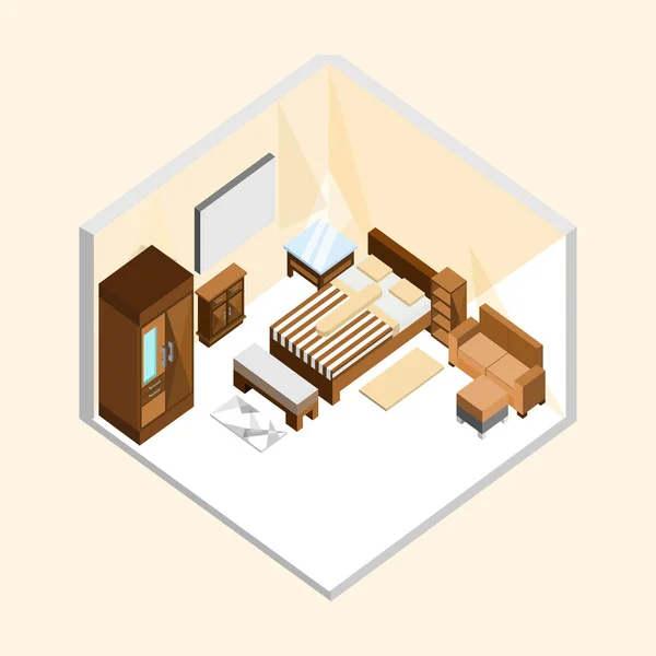 Φυσικό ξύλο κλασικό υπνοδωμάτιο ισομετρική Αρχική Σχεδιασμός εσωτερικών εικονογράφηση — Διανυσματικό Αρχείο