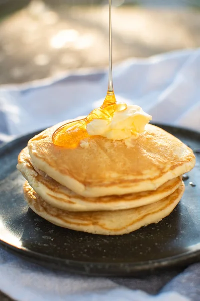 Honey Being Pour Stack Pancake Royalty Free Stock Images