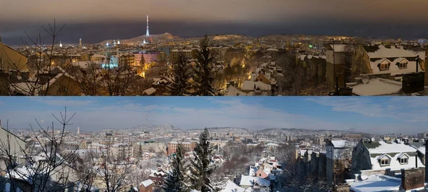 Lviv kış panorama, gece vs gün