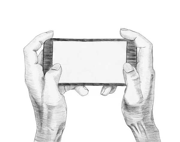 Deux mains tenant un téléphone intelligent, jouant à des jeux. gestes tactiles de téléphone . — Photo