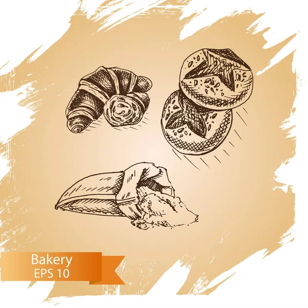 Sketch - Bäckerei. Croissants, Brötchen, Windbeutel — Stockvektor