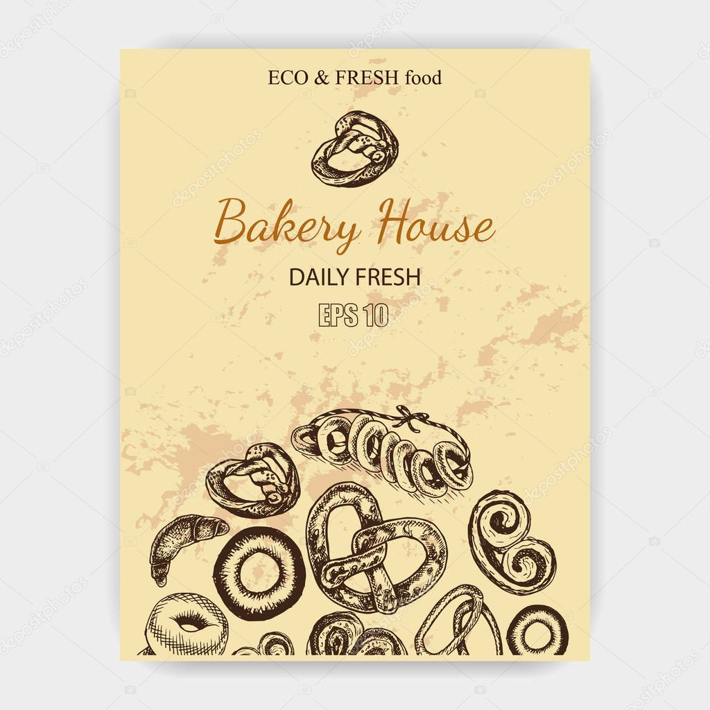 Vector illustration of bakery fresh pastry card sketch