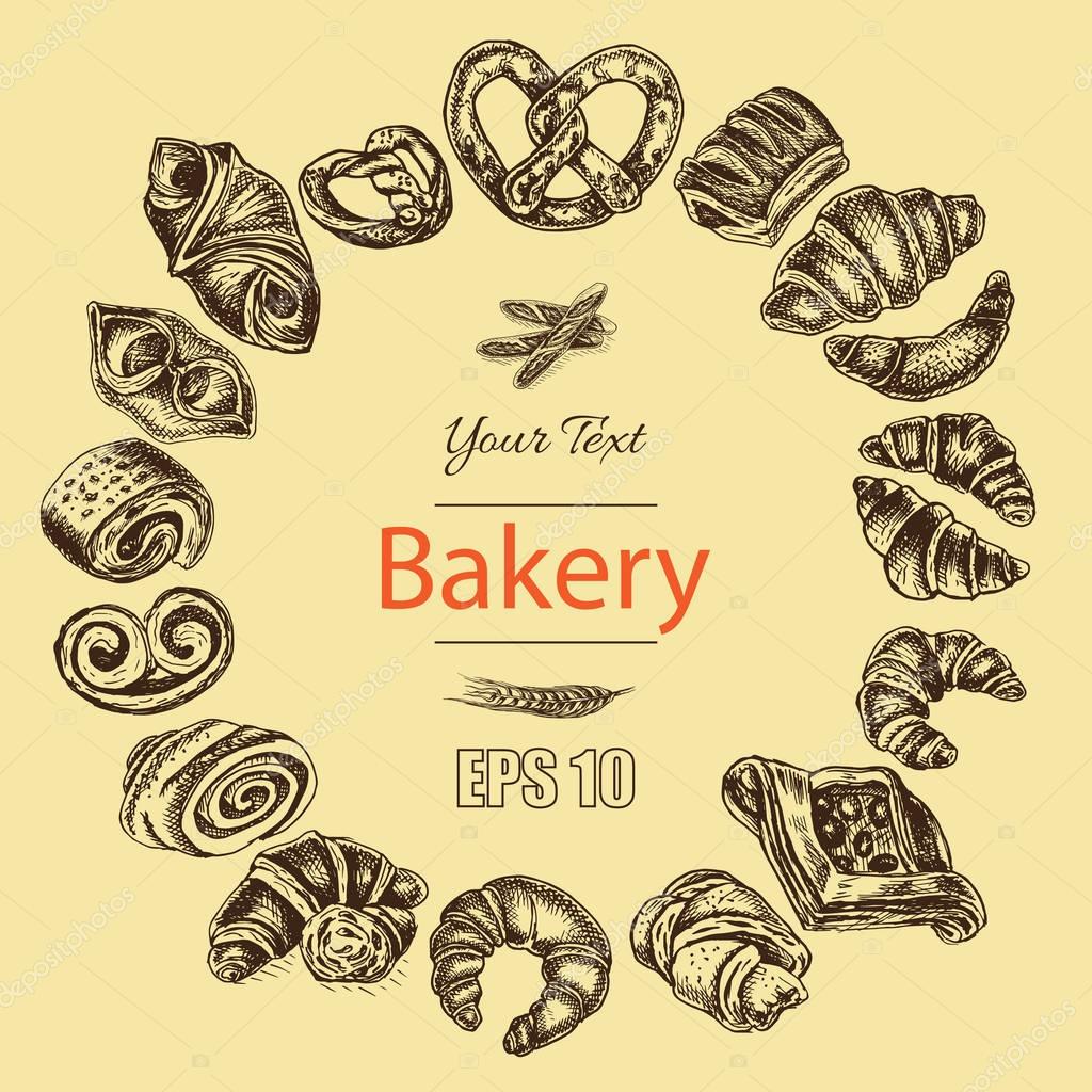 Vector illustration of bakery fresh pastry card sketch