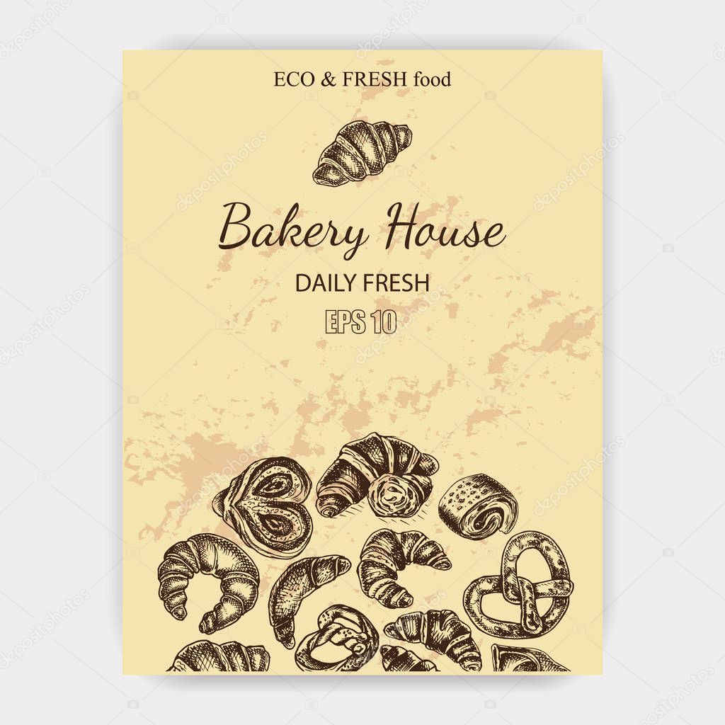 Vector illustration of bakery fresh pastry card sketch