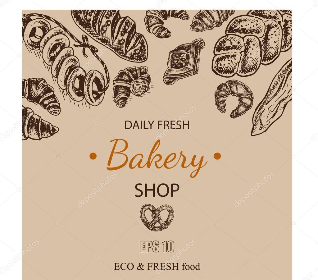 Vector illustration of bakery fresh pastry card sketch