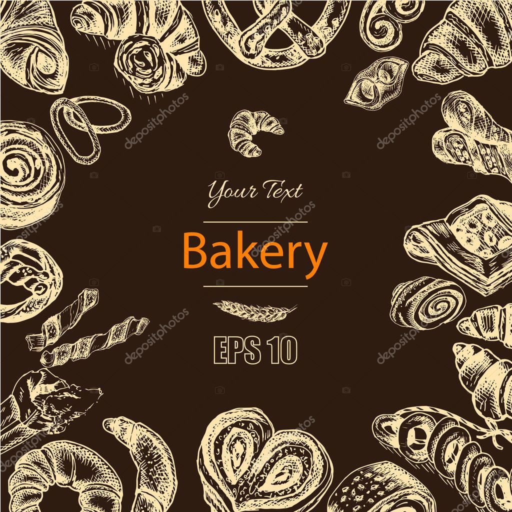 Vector illustration of bakery fresh pastry card sketch